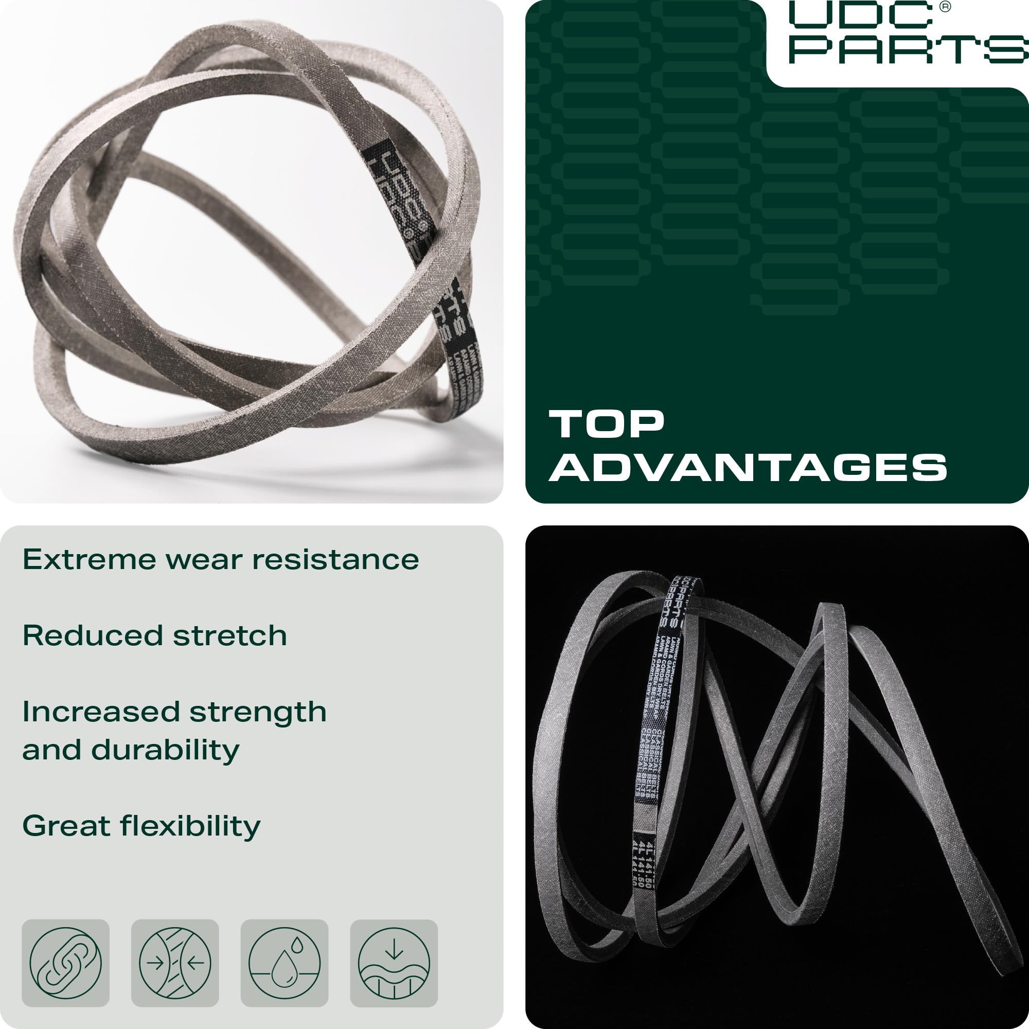 UDC Mower Belts two-layer wrapping cover enhances durability.