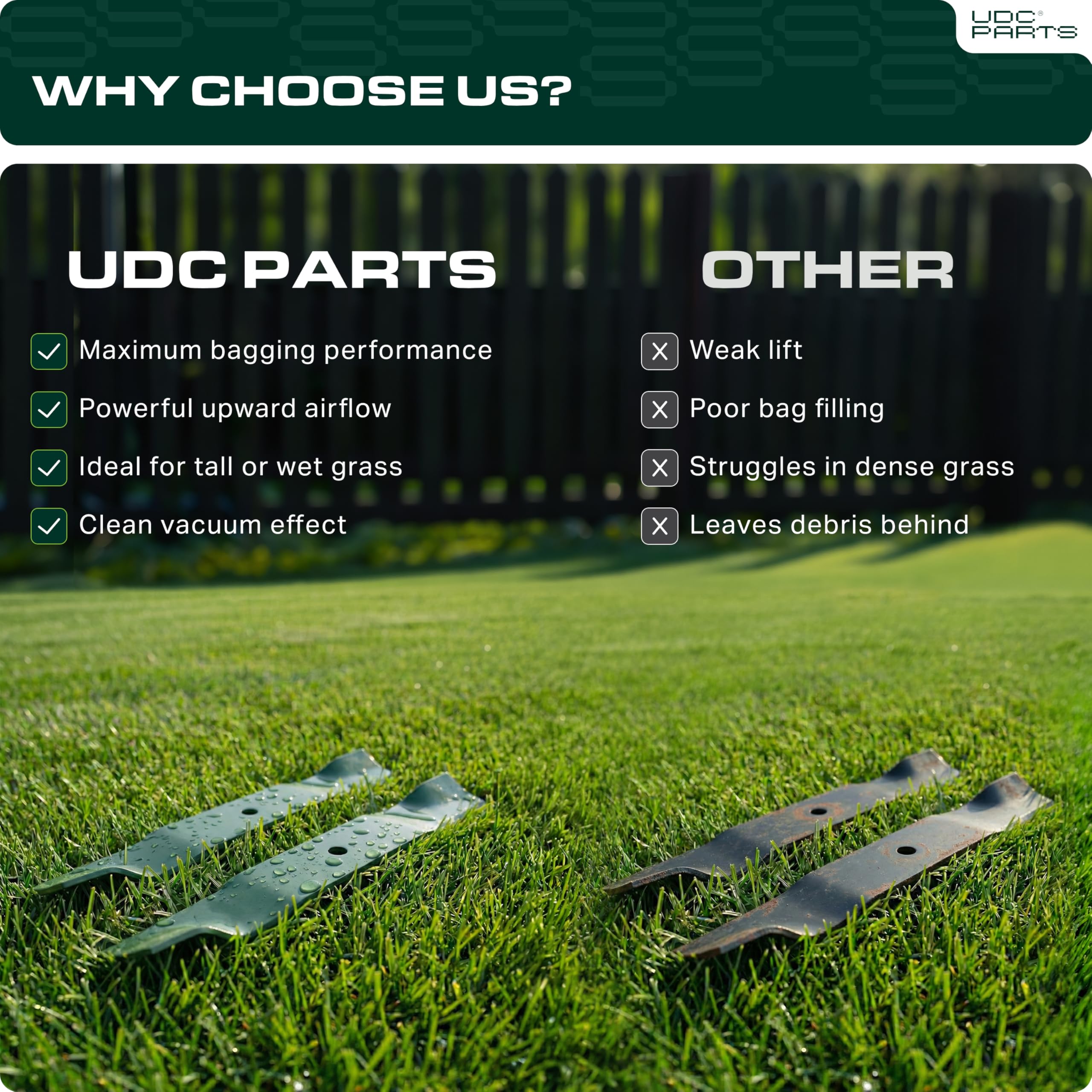 UDC Parts 038-0005-00 mower blades, dimension specs, 18-3/4 inch length