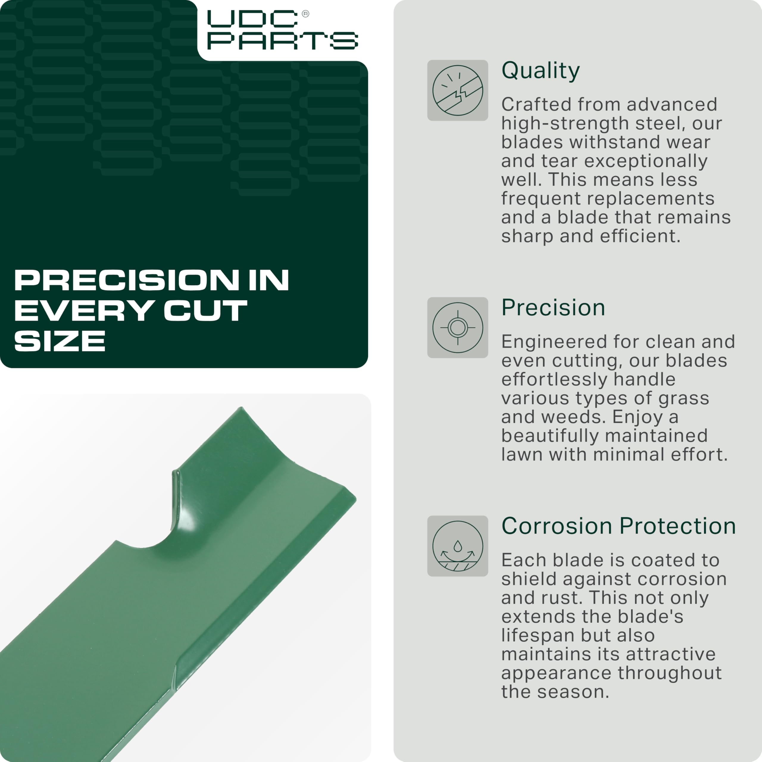 UDC Parts 038-0005-00 mower blades, easy-install design for quick replacement