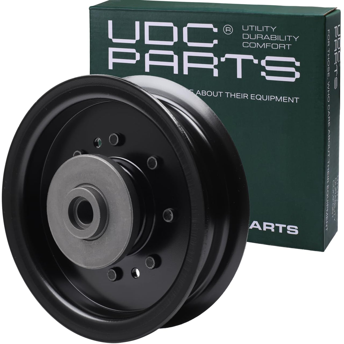 UDC Parts 196104 idler pulley closeup showing durable construction for Husqvarna compatibility.