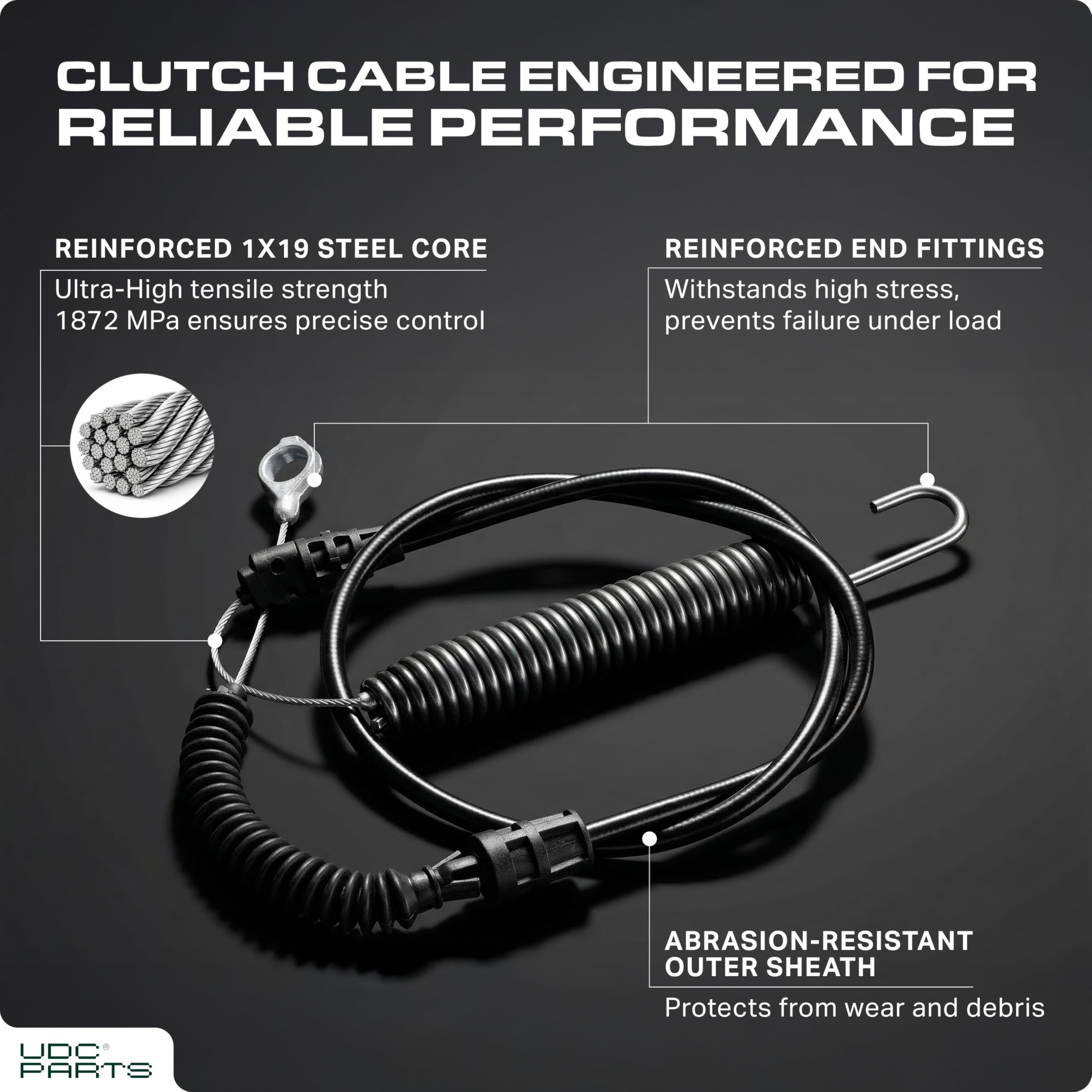 UDC Parts blade engagement cable installed on a mower demonstrates plug-and-play