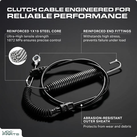 UDC Parts blade engagement cable installed on a mower demonstrates plug-and-play