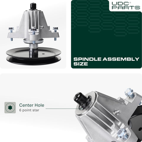 UDC Parts 46-inch deck spindle with pulley and star drive for smooth operation.