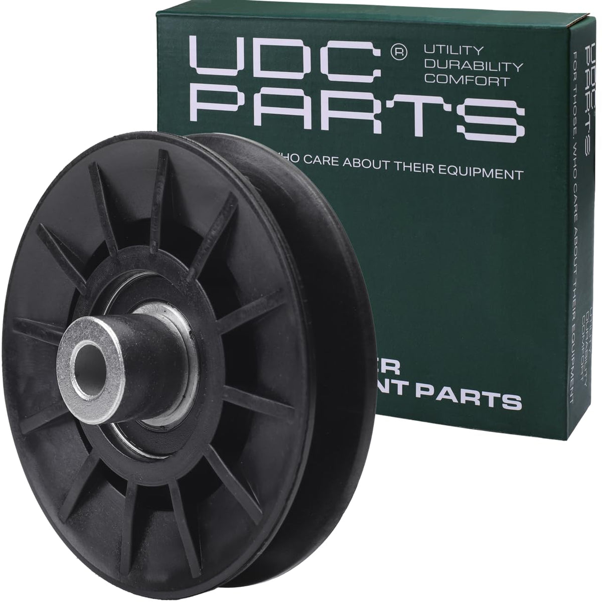 UDC Parts idler pulley close-up showing durable construction for smoother mowing
