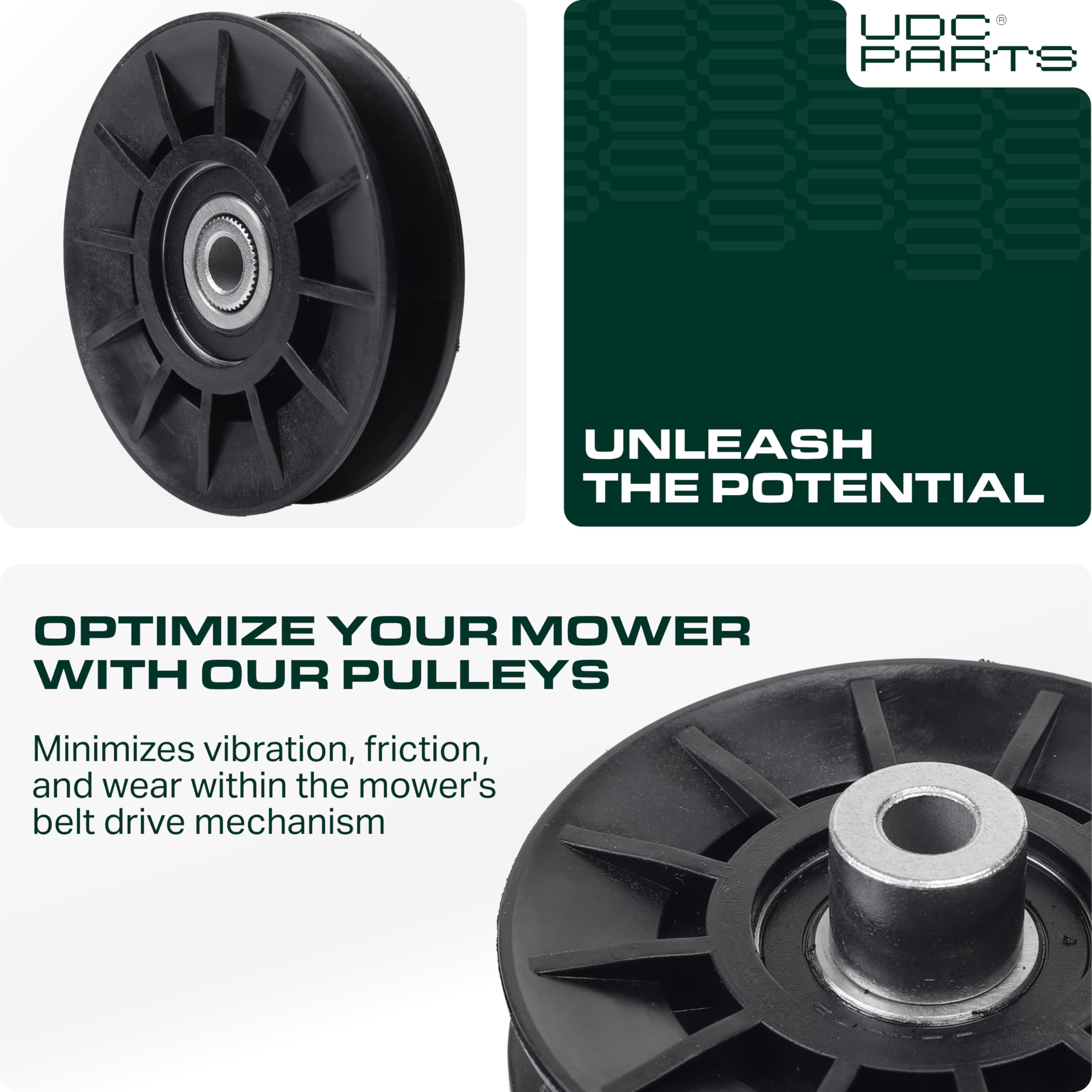 UDC Parts idler pulley dimensions show 3-1/2 inch outer diameter
