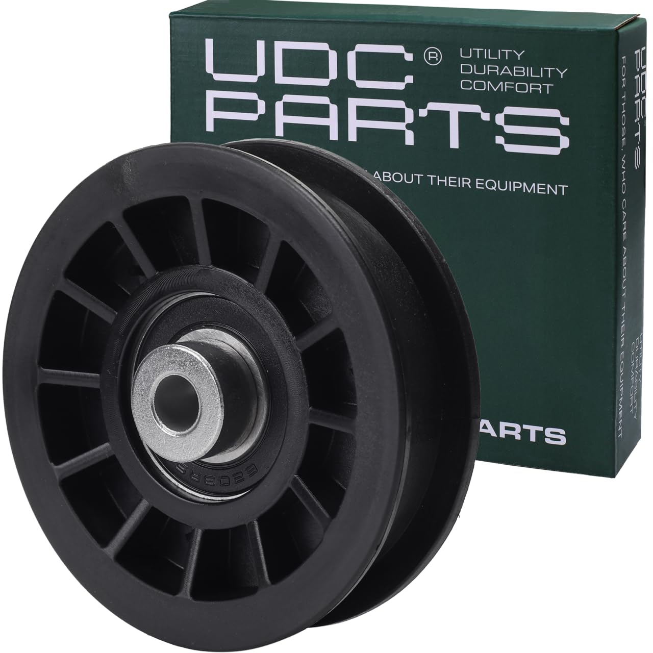 UDC Parts idler pulley front view for Husqvarna mowers with improved belt alignment