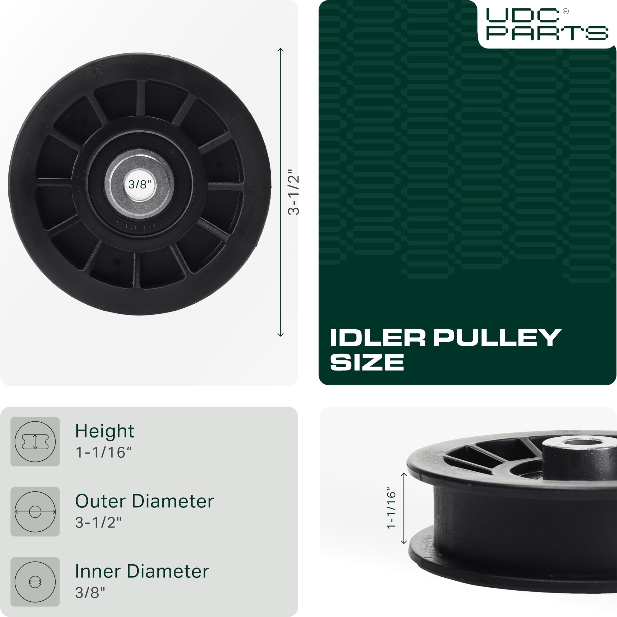 UDC Parts idler pulley side view showing compact, easy-to-install design