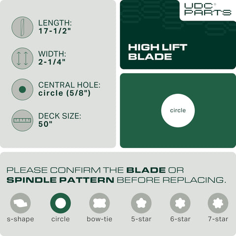 UDC Parts 115-5059-03 blade with printed specs, ensuring accurate fit on 50-inch decks