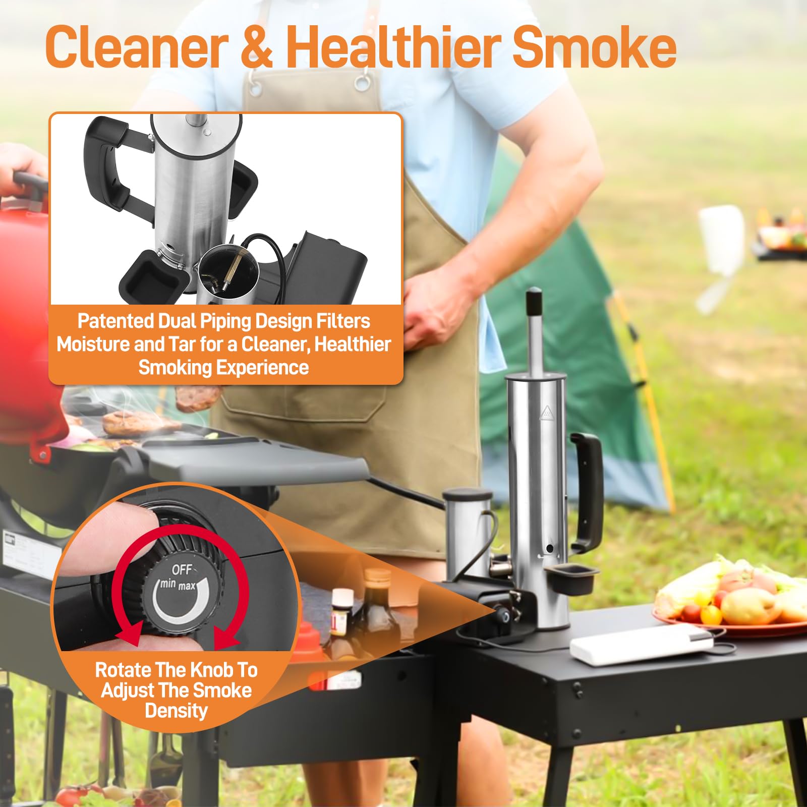 Ueiticsk adjustable smoke-density knob highlights precise control during grilling