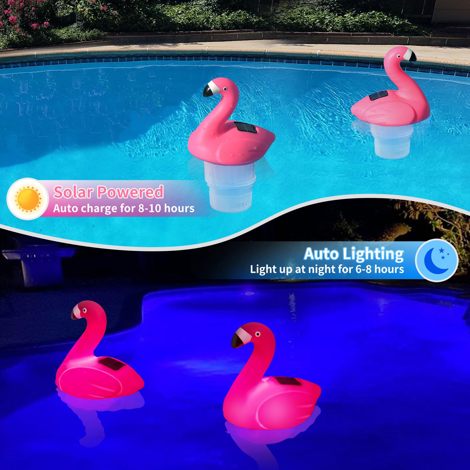 Uekars flamingo chlorine floater light; glow at night for easy visibility and ambiance.