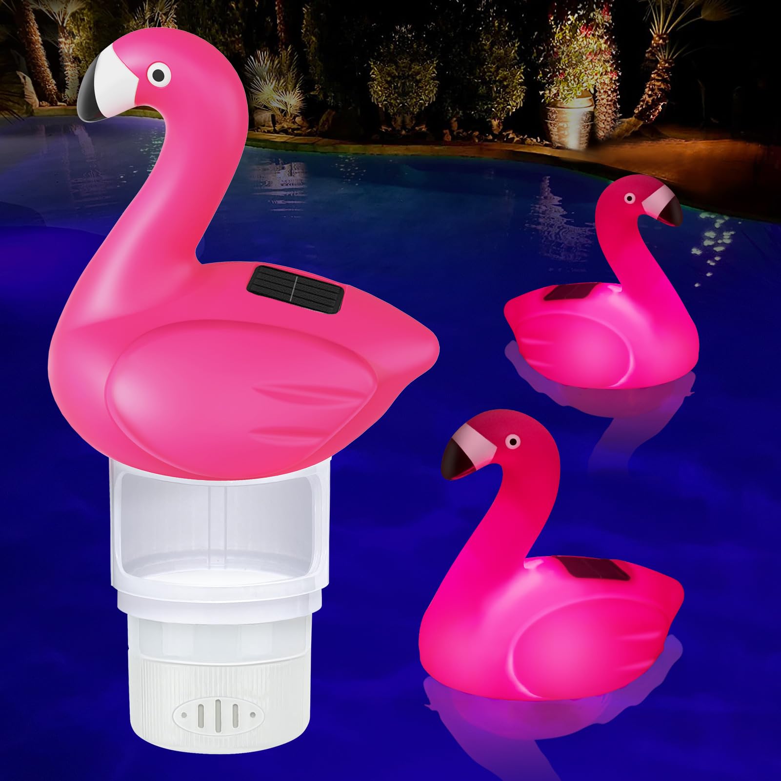 Uekars solar flamingo chlorine floater; self-charging design for effortless pool maintenance.