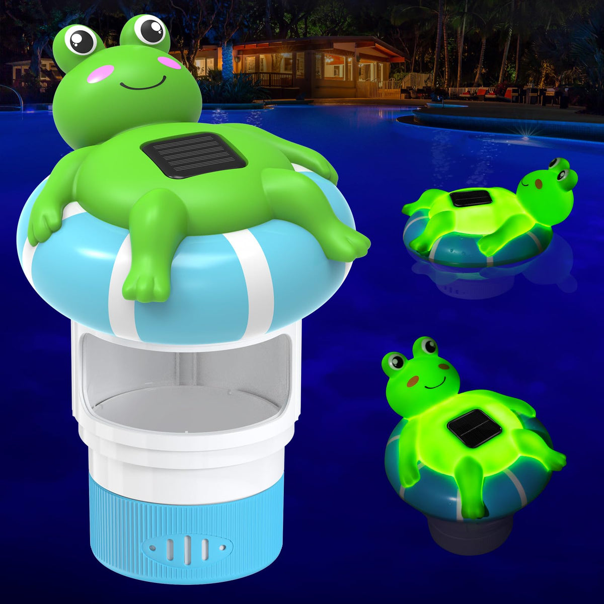 Uekars Solar Frog Chlorine Floater in pool, floating upright for even chlorine distribution.