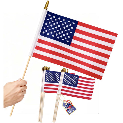Uelfbaby 12-pack 8x12in American flags on sticks for outdoor displays