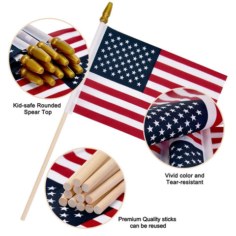 Uelfbaby 12-Pack American Flags on Sticks – 4x6 in, Kid-Safe Spear Top, Outdoor Patriotic Flags