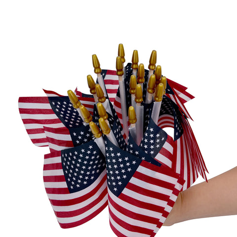Uelfbaby 12-Pack American Flags on Sticks – 4x6 in, Kid-Safe Spear Top, Outdoor Patriotic Flags