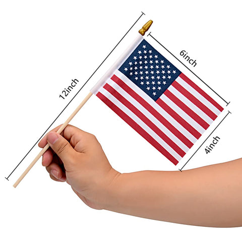 Uelfbaby 12-Pack American Flags on Sticks – 4x6 in, Kid-Safe Spear Top, Outdoor Patriotic Flags