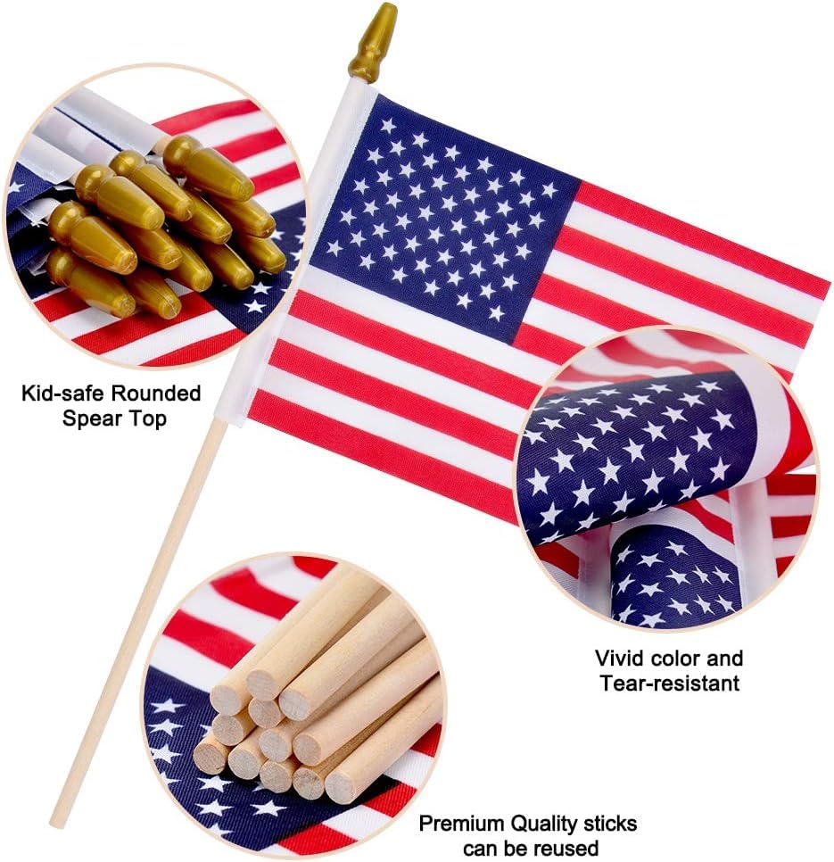 Uelfbaby US flag with 12-inch wood staff, sturdy outdoor use