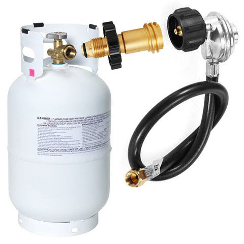 Uenede adapter attached to 40-100 lb tank for versatile barbecue setups.