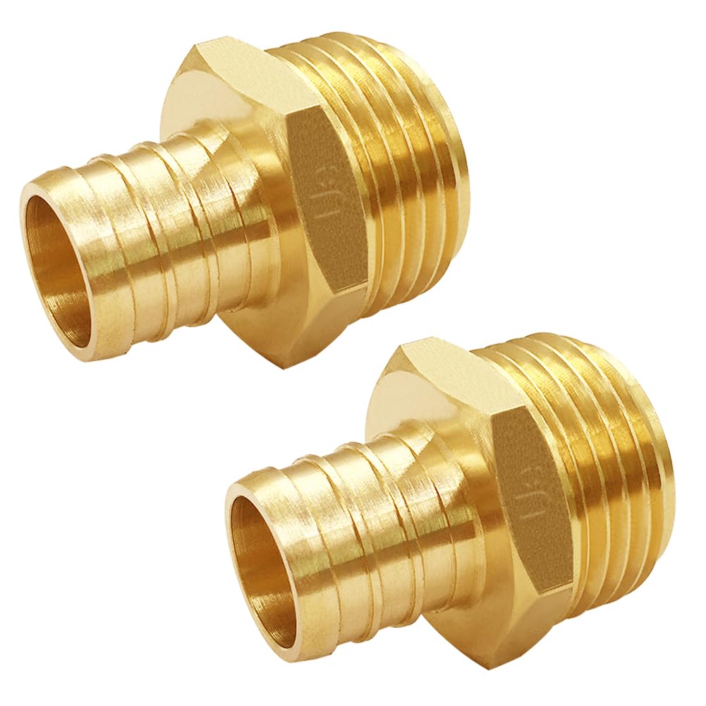Uenede solid brass PEX barb to GHT connector with hex grip for easy installation.