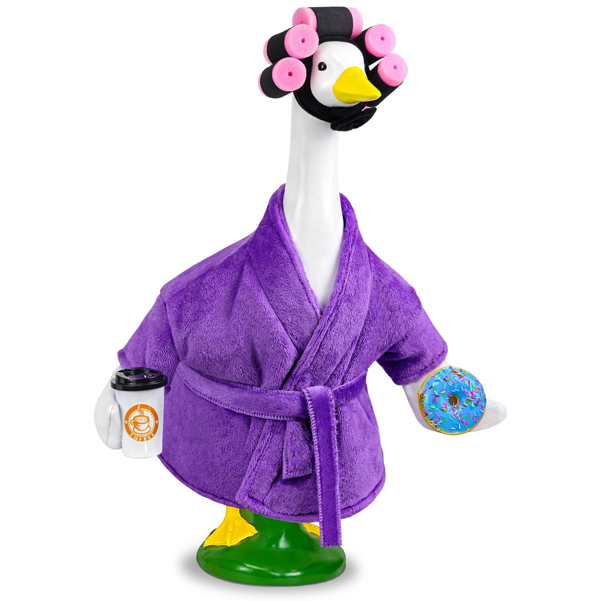 Ueyben Lady Goose Outfit bathrobe with coffee cup and donuts enhances porch decor.