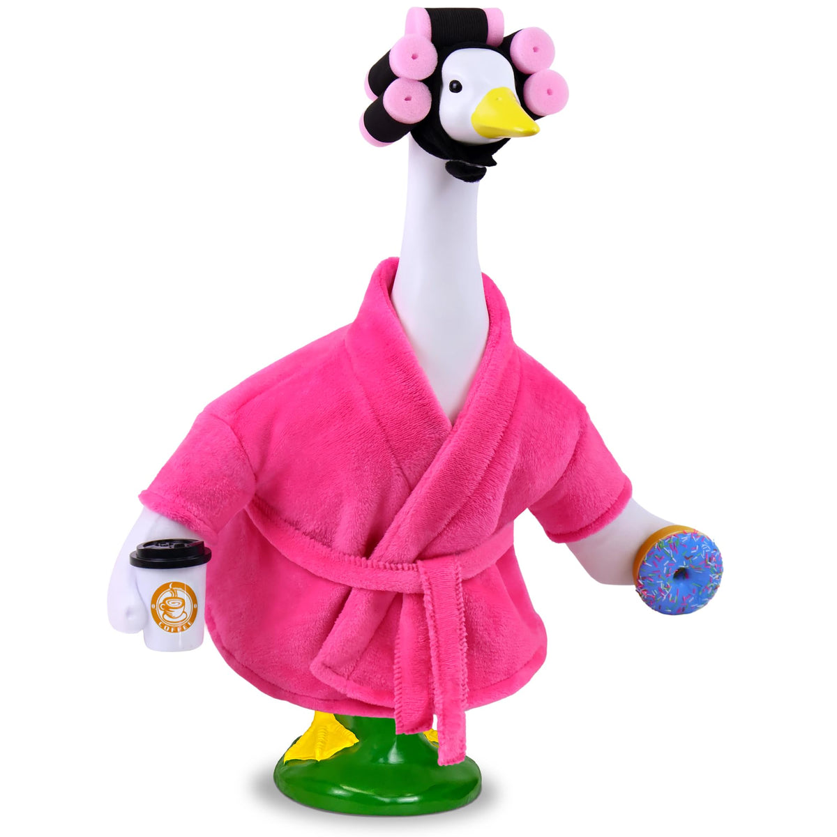 Ueyben Lady Porch Goose Outfit bathrobe with coffee cup donuts enhances garden goose charm.