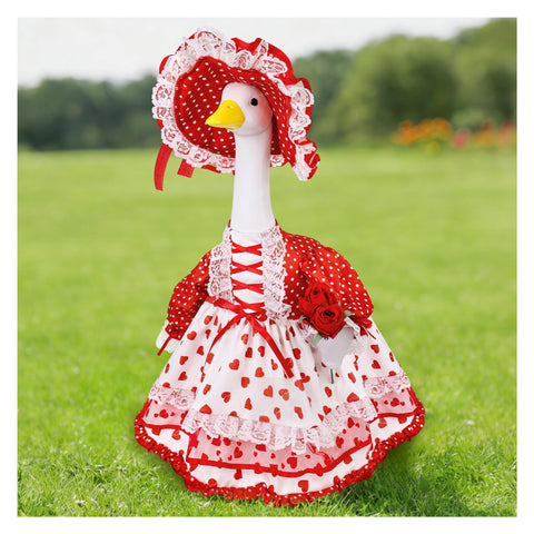 Ueyben goose outfit in red dress with roses, ideal for festive porch decor