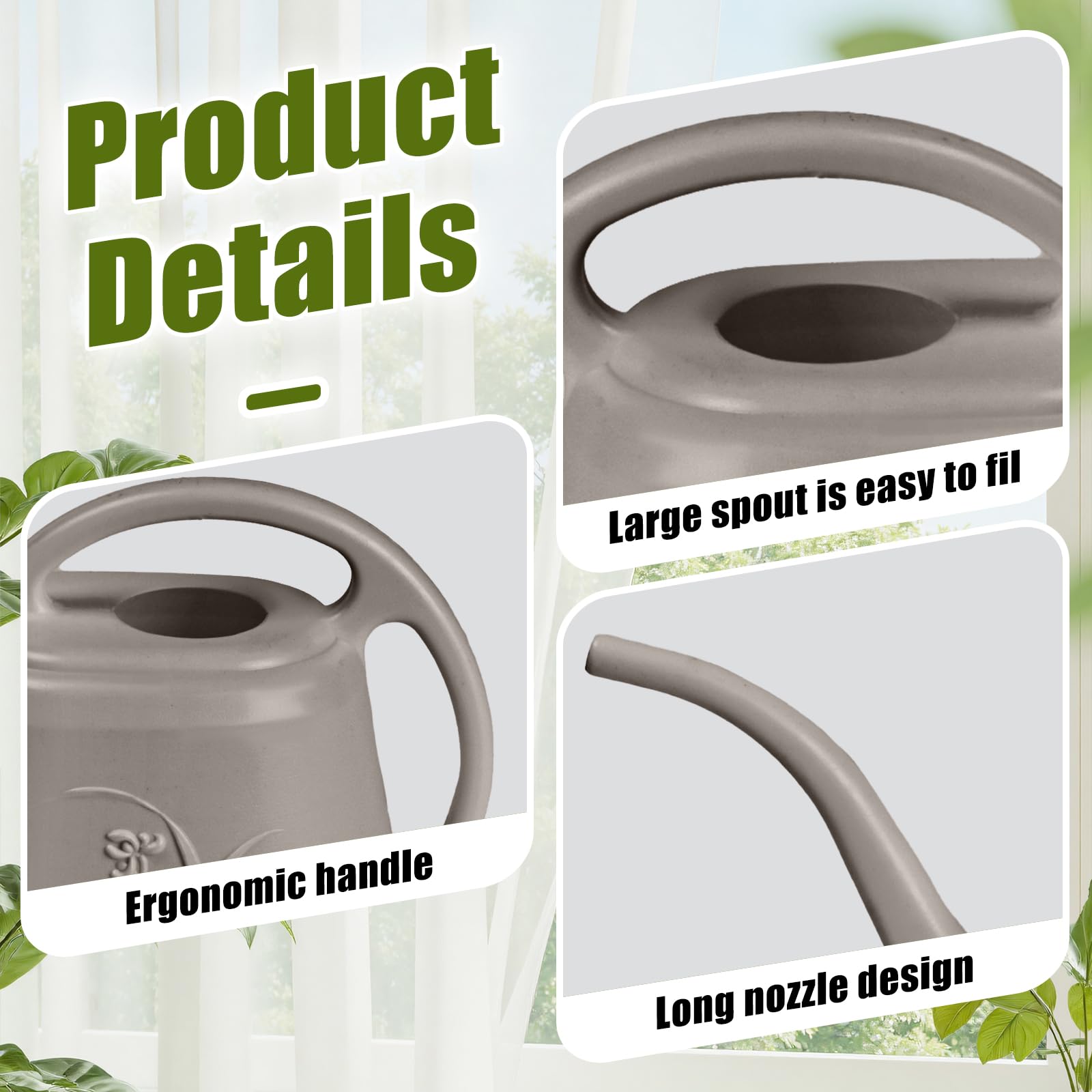 UFANME coffee-color watering can close-up of the long spout for controlled pouring.