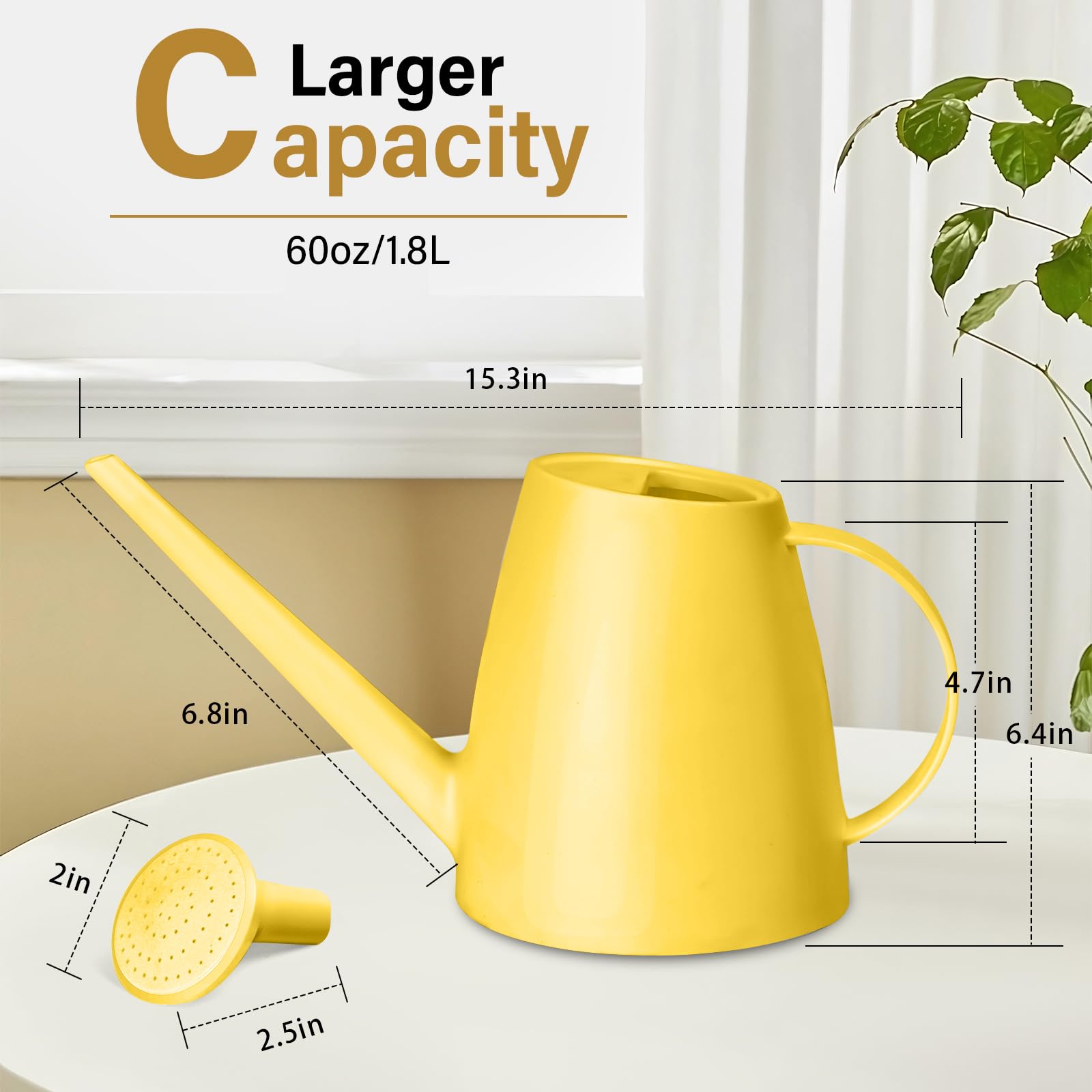 UFANME yellow watering can, handle close-up, comfortable grip for easy watering.