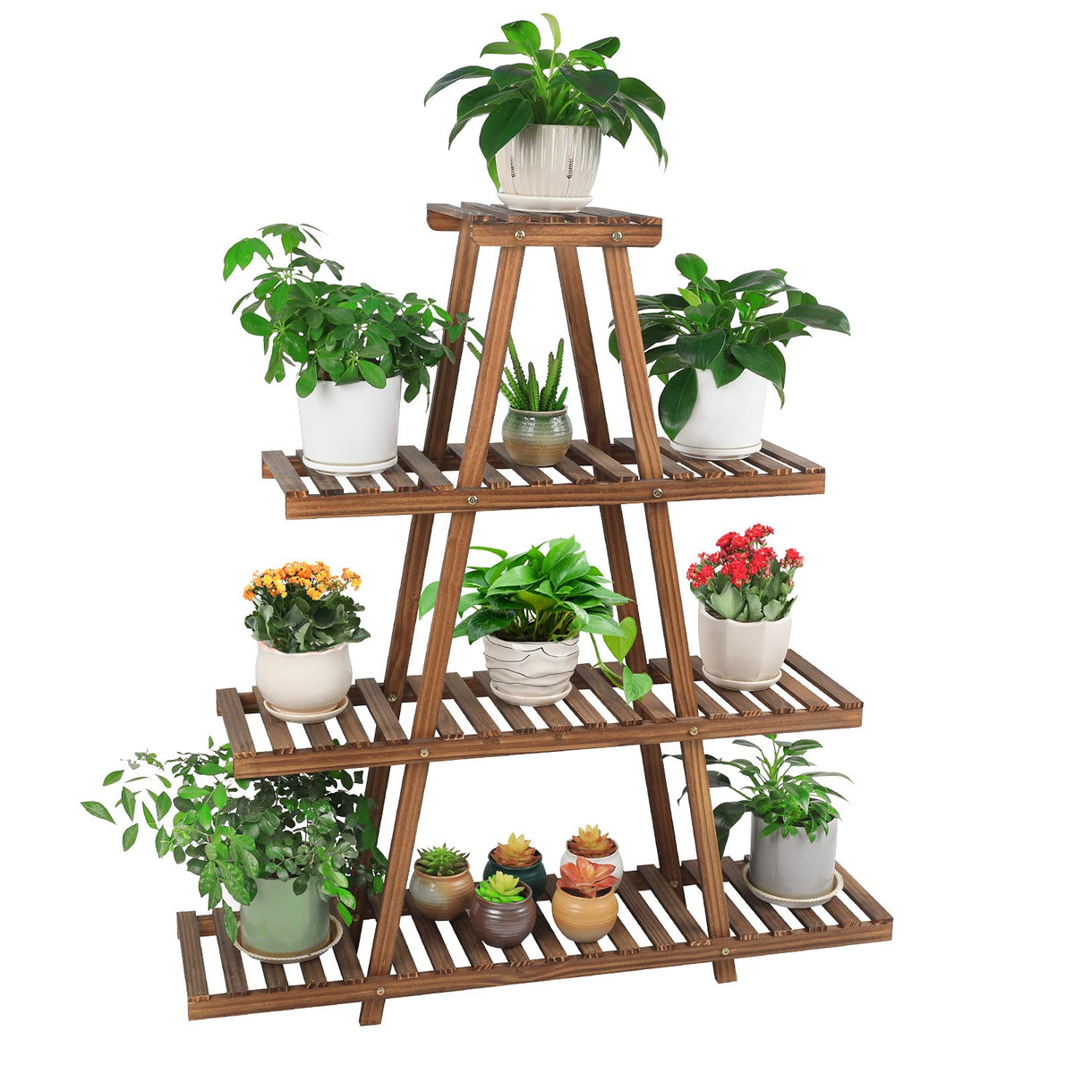 Ufine 4-Tier A-Frame stand side view showing sturdy pine wood design for indoor plants