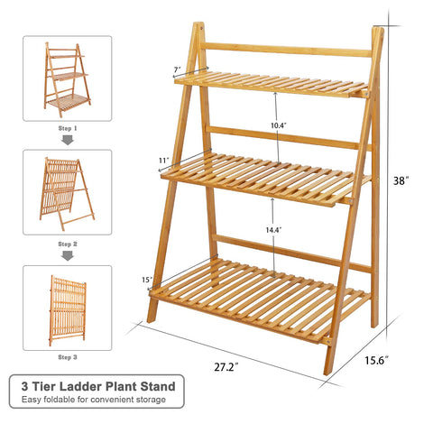 ufine bamboo ladder plant stand close-up shows natural wood finish