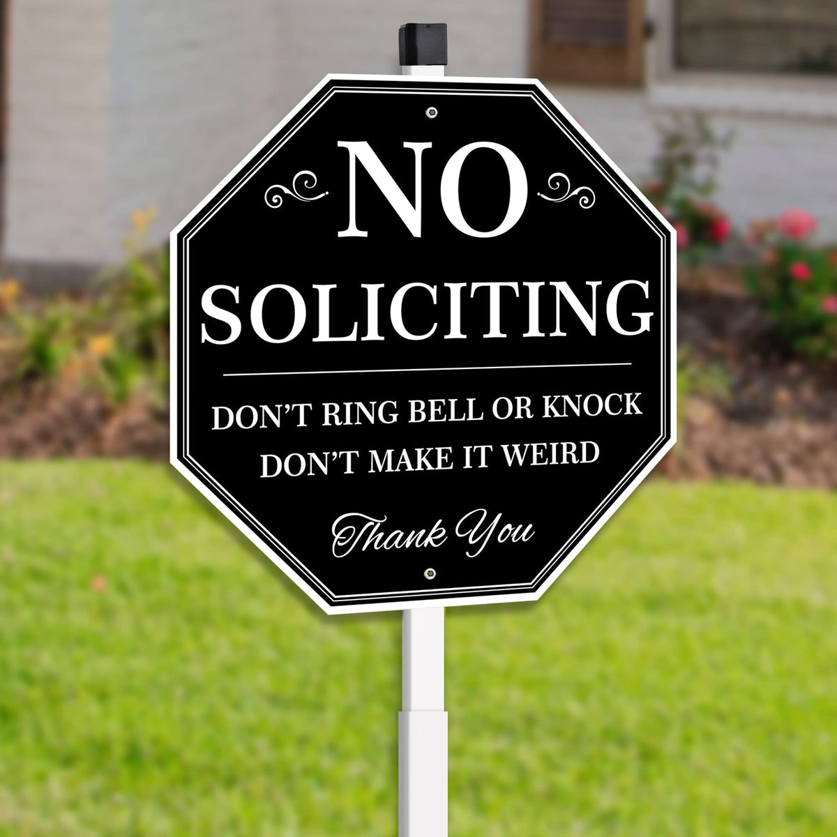 Uflashmi No Soliciting yard sign with 28-inch stake, clearly visible outdoors.