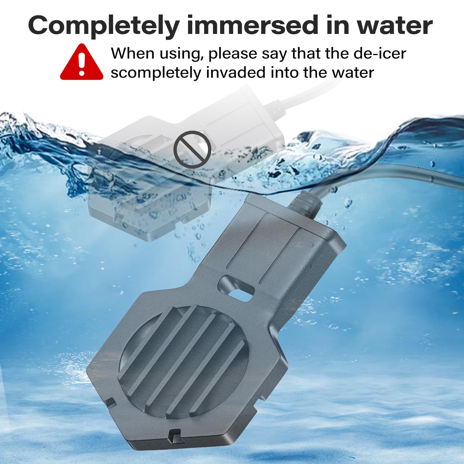 UFRYO 500W de-icer submerged in a pond maintaining water availability