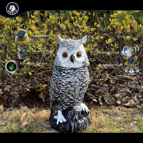 Ugold Snow Owl rotatable head adds dynamic motion to outdoor decor.