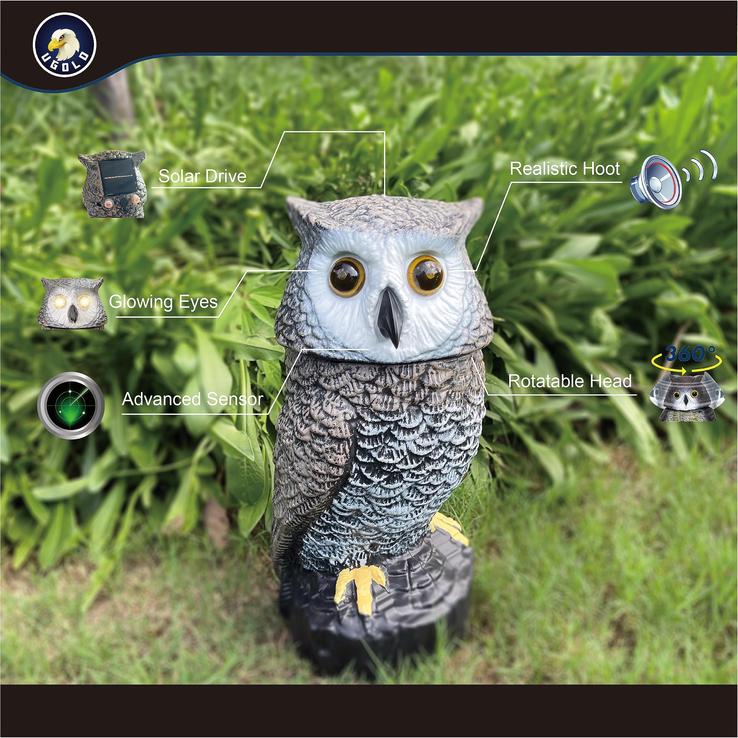 Ugold solar-owl motion-detection with responsive eyes and head turn