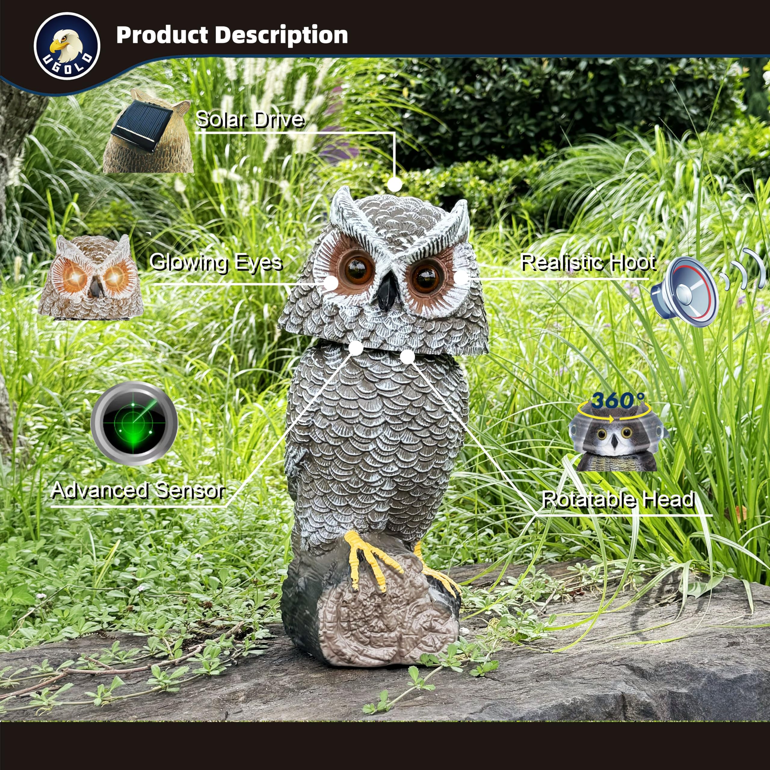 Ugold solar owl detects motion for garden security with bright eyes