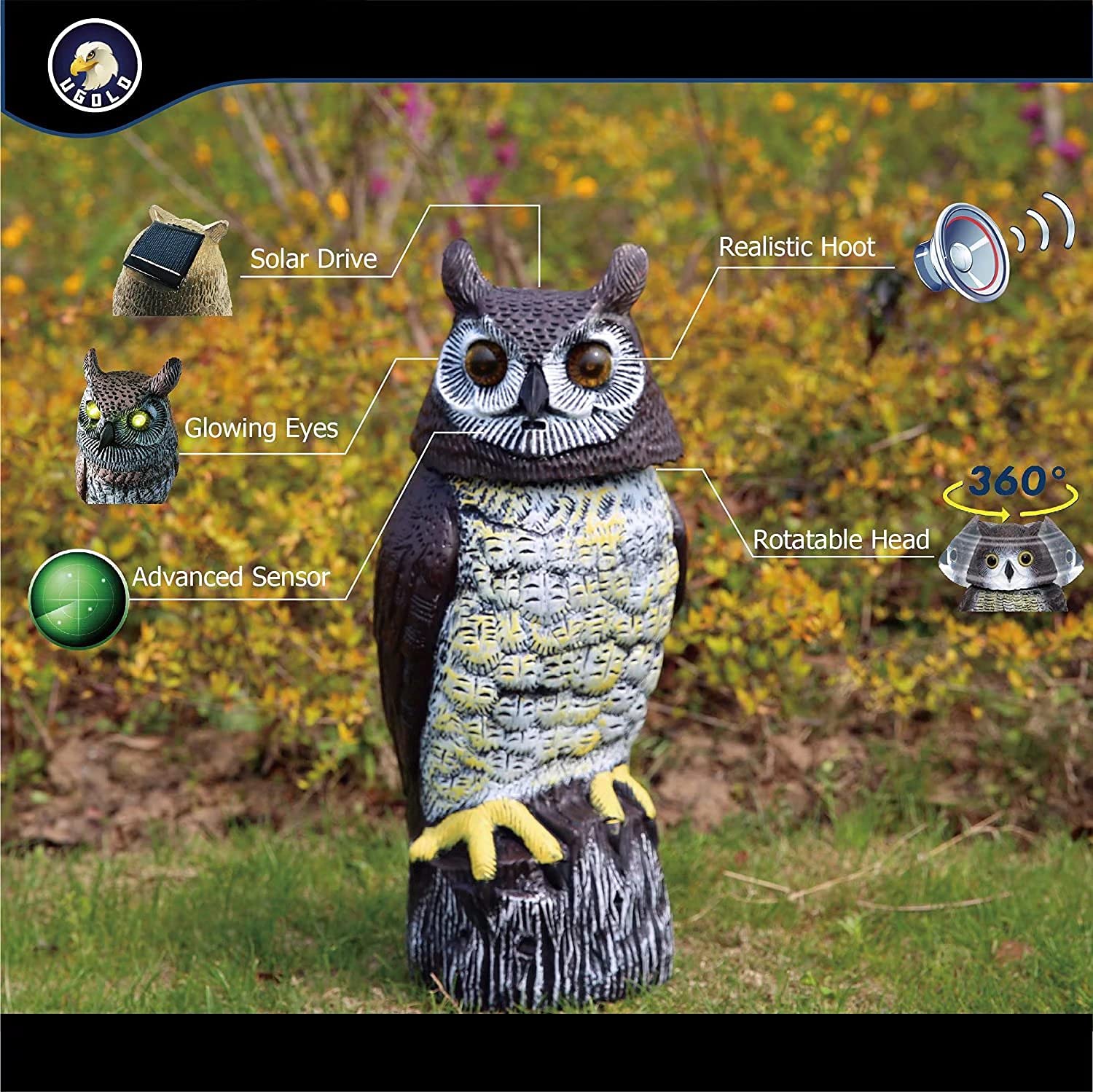 Ugold solar owl motion sensor head activates on movement, enhancing garden ambiance.