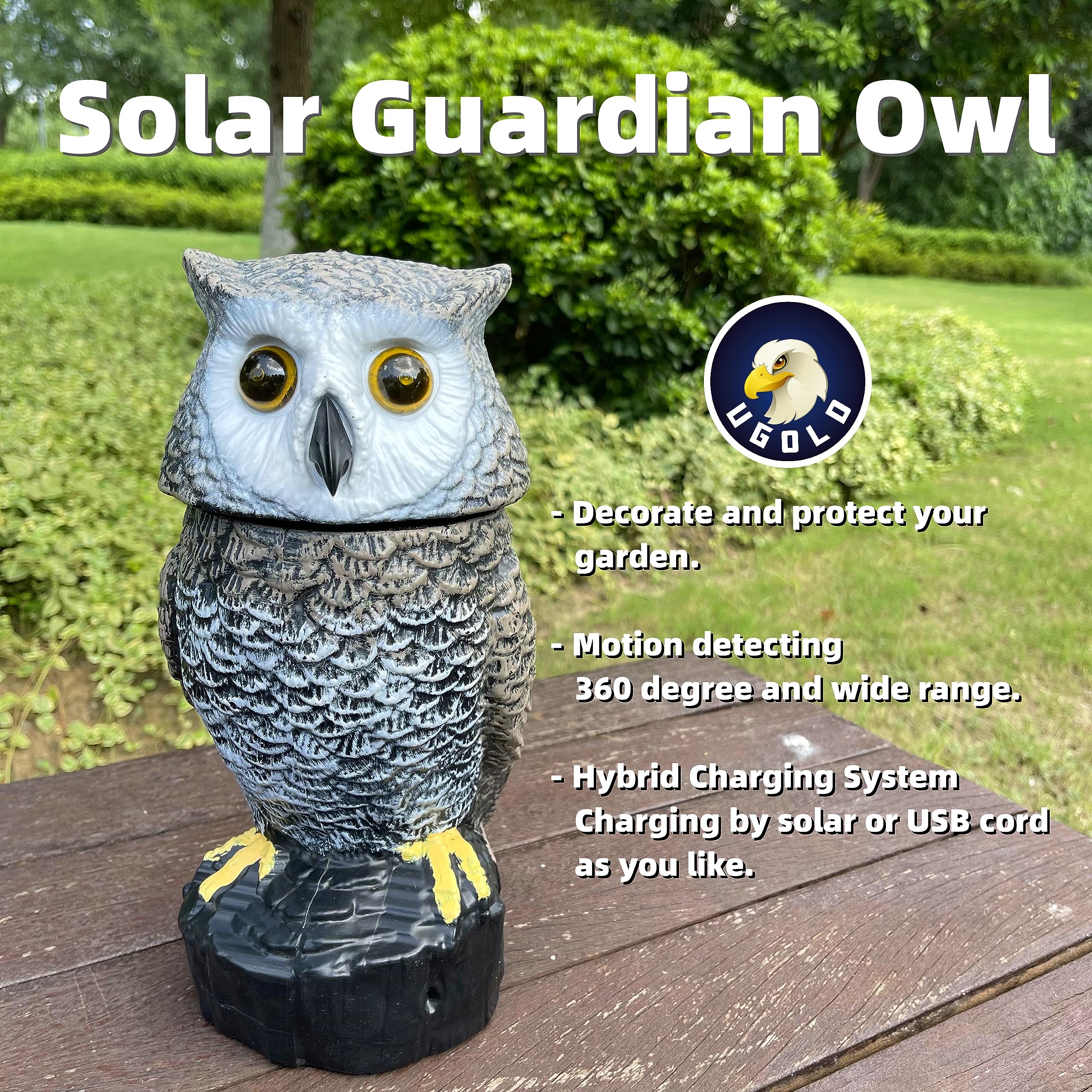 Ugold solar-owl rotating-head adds dynamic motion to garden decor