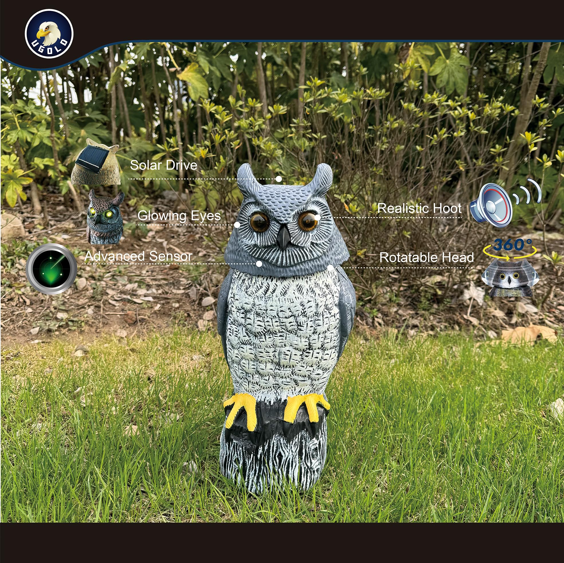 Ugold solar owl featuring a rotating head for lifelike movement in outdoor spaces