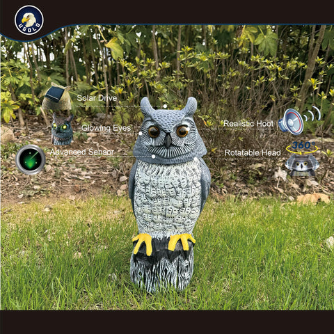 Ugold solar owl featuring a rotating head for lifelike movement in outdoor spaces