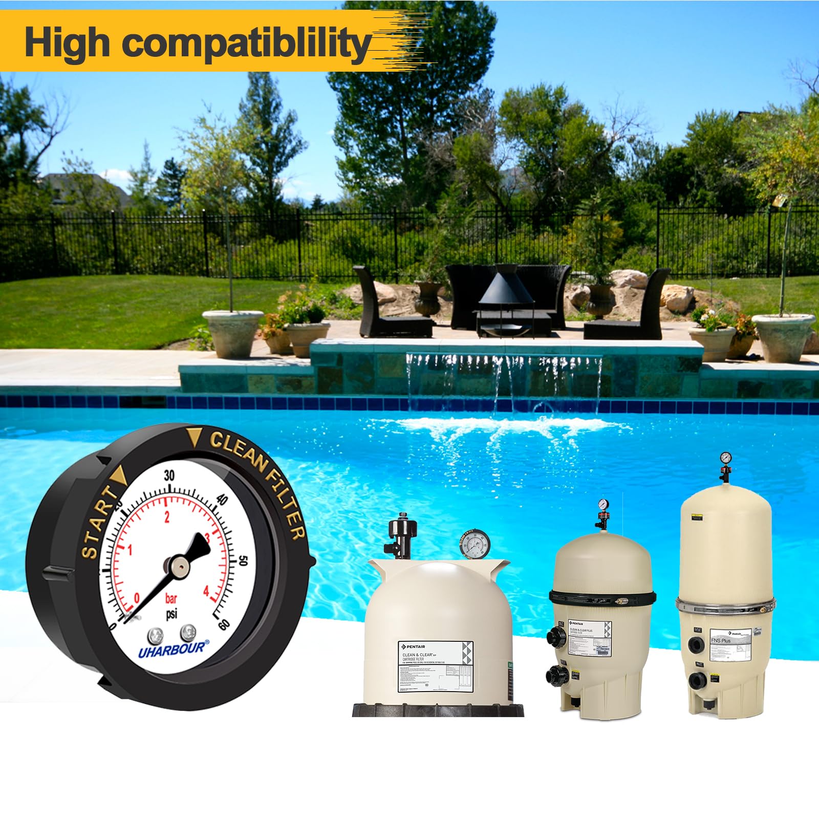 Uharbour pool gauge featuring adjustable bezel for precise setup.