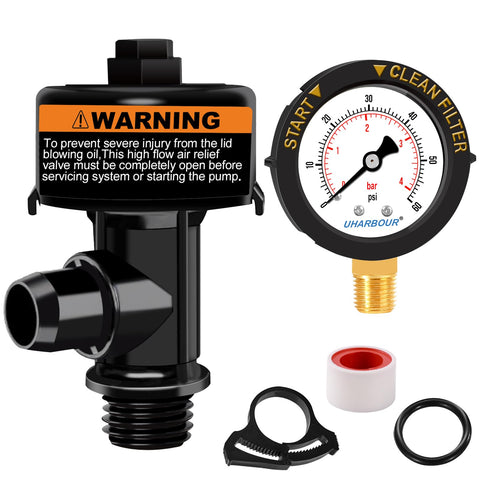 Uharbour air relief valve with pool pressure gauge for precise readings.