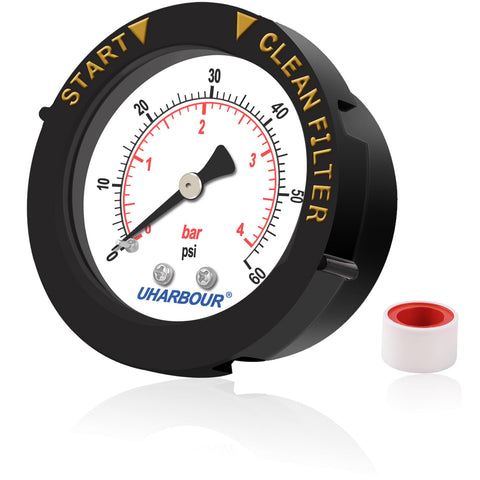 Uharbour pool pressure gauge with 2-inch dial and back mount for accurate readings.