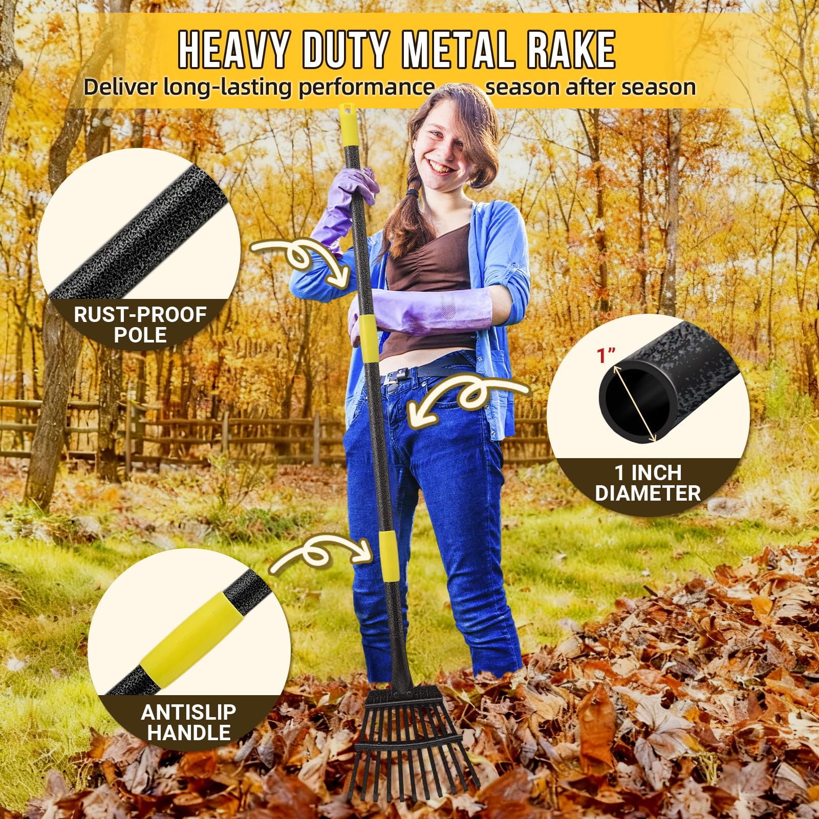 UIABOPZ 11-tine rake efficiently gathers leaves, weeds, and debris.
