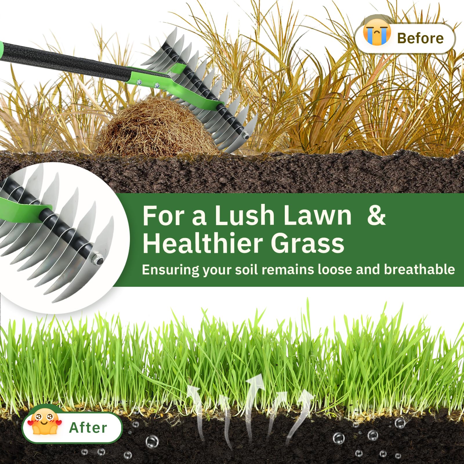 UIABOPZ Thatch Rake 11-tine side loosens soil to improve drainage.