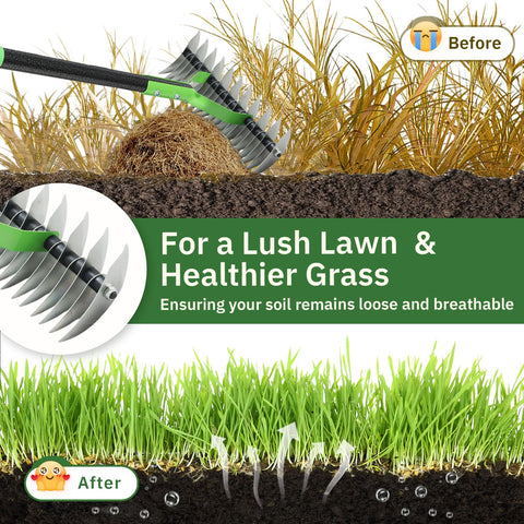 UIABOPZ Thatch Rake 11-tine side loosens soil to improve drainage.