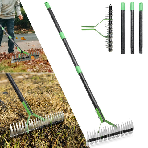 UIABOPZ Thatch Rake 13-wide head for efficient lawn dethatching and debris removal.