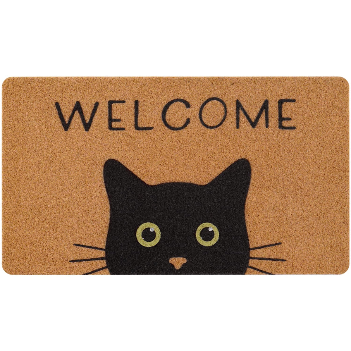UINI cat welcome mat with black cat and green eyes for stylish entryways and dirt capture.