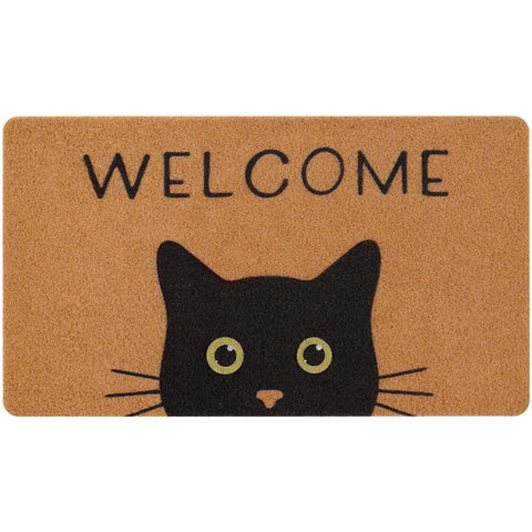 UINI cat welcome mat with black cat and green eyes for stylish entryways and dirt capture.