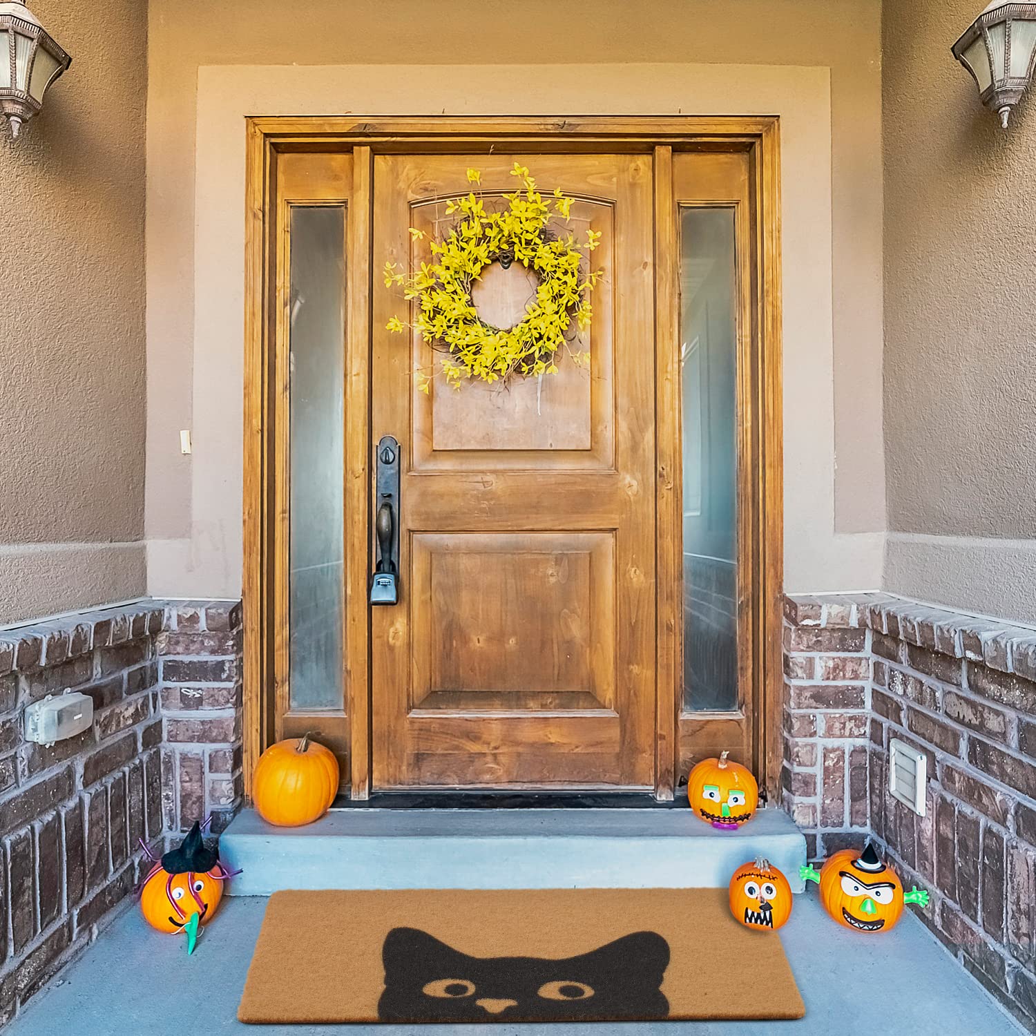 Entryway mat traps dirt at the threshold with a cat design.