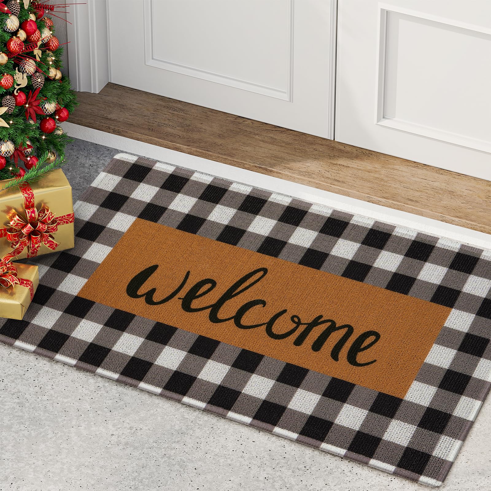UINI welcome mat with buffalo plaid border for outdoor entryways and dirt control